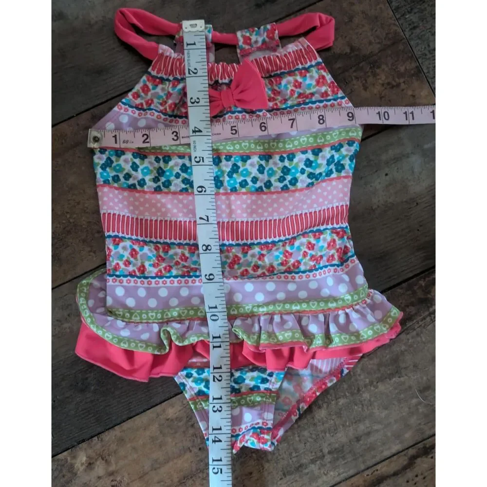Floatimini Girls Pink Striped Floral Polka Dot Ruffle One-Piece Swimsuit, Size 4
